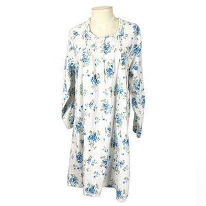 Flannel nightgown knee length size Small smocked blue floral Vintage